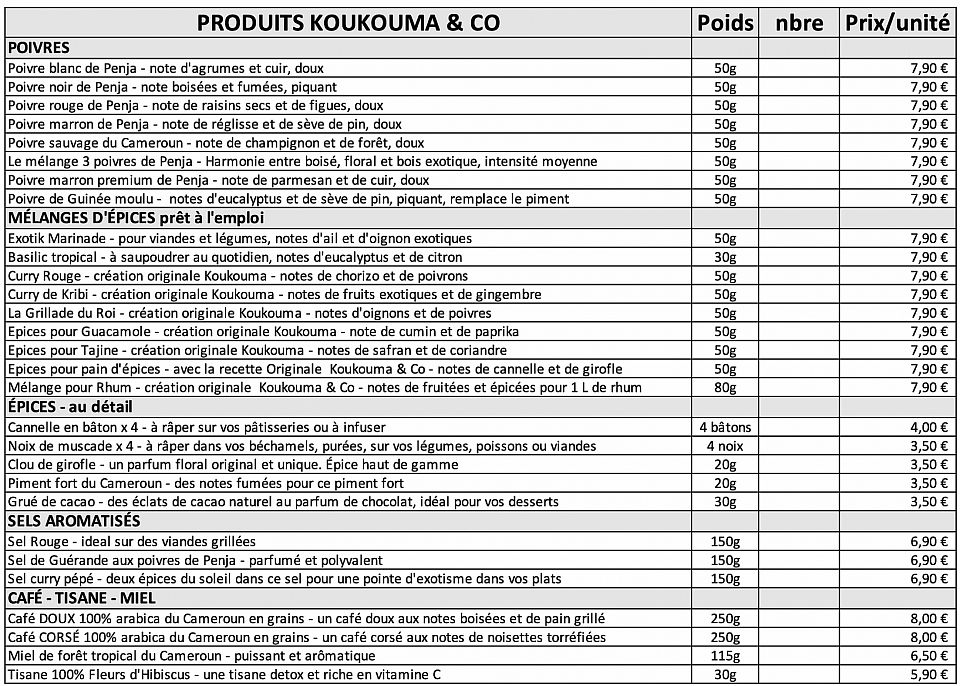 tarifs 2025 Epices et poivres